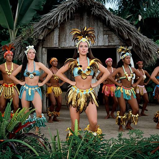 Photograph of six Polynesian dancers in colorful, feathered, and beaded costumes, standing in front of a thatched hut, surrounded by