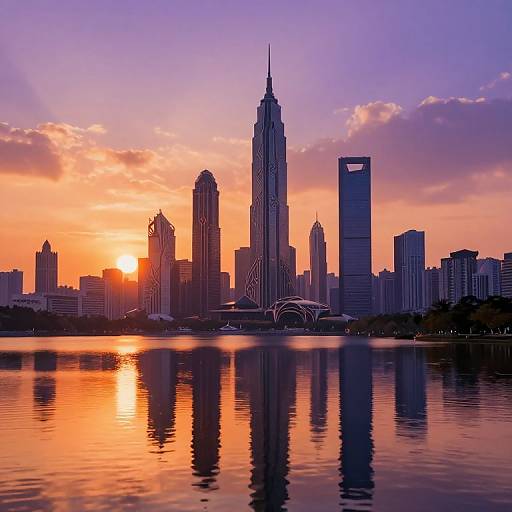 Photograph of a city skyline at sunset, with vibrant orange and purple sky, reflecting on a calm river, featuring the iconic Willis Tower as the central