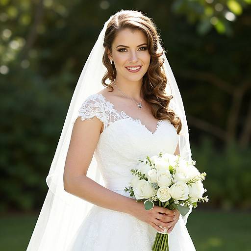 Photograph of a smiling bride with long brown hair, lace wedding dress, white veil, holding white roses bouquet, against a sunlit green background.