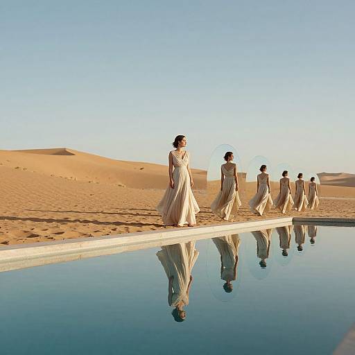Photograph of six women in flowing white dresses walking along an infinity pool reflecting in a desert with golden sand dunes. Clear blue sky.
