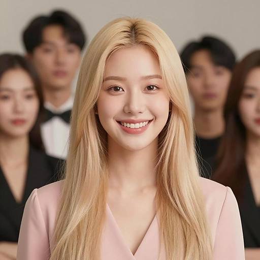 Smiling young woman with blonde hair and group in background