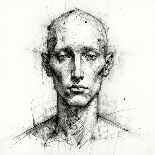 Black-and-white sketch of a bald, androgynous, emotionless face with pronounced features, sharp lines, and intense gaze, rendered in a