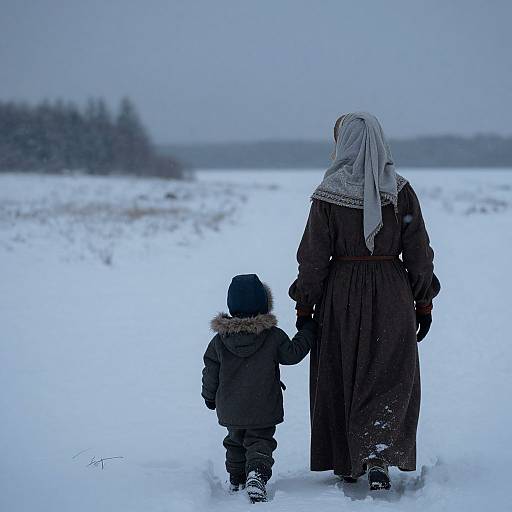 Photograph of a woman in a long brown dress and gray headscarf, holding the hand of a child in a black winter coat, walking through