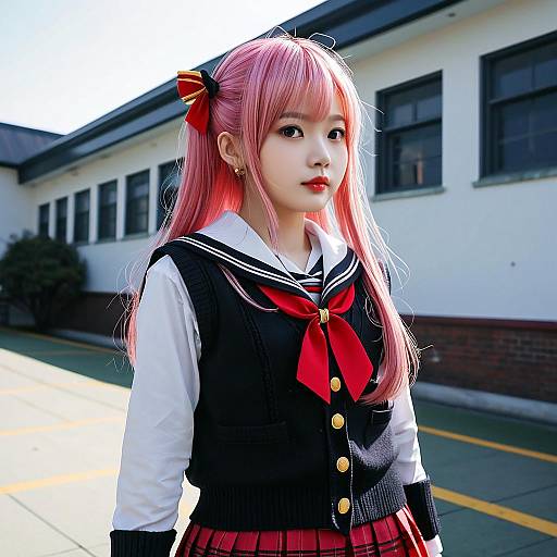 Photograph of an Asian girl with long pink hair, wearing a black sailor school uniform with red ribbon, standing outdoors in front of a white building.