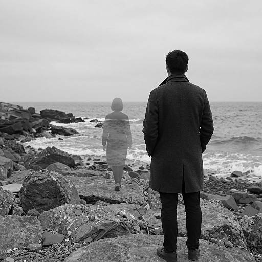 Man and Ghostly Woman on Rocky Beach