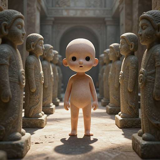 3D-rendered, bald, nude baby with large black eyes stands centered between stone statues in a dimly lit, ancient temple corridor.