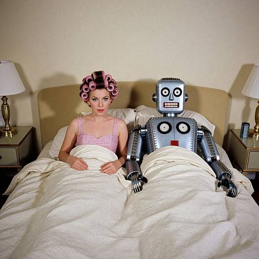 Photograph of a woman in pink lingerie with pink curlers, sitting in bed beside a robot, both under white covers, in a bedroom with beige