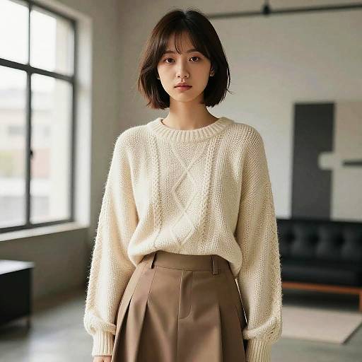 Photograph of an Asian woman with short black hair, wearing a cream knit sweater and high-waisted brown pants, standing in a bright, modern