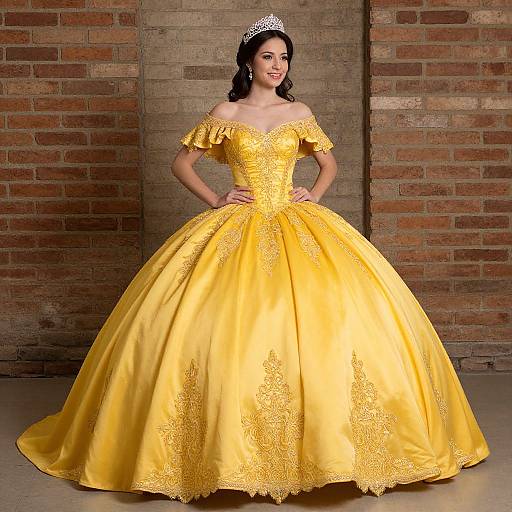 Photograph of a woman in a vibrant yellow, off-shoulder, lace-embellished ball gown with a full skirt, wearing a silver