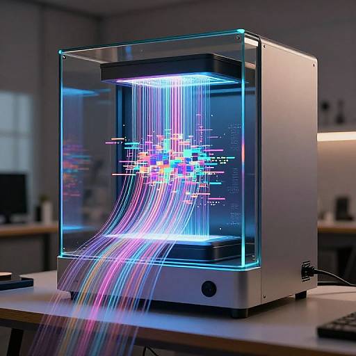 Photograph of a futuristic, glowing, cube-shaped computer with vibrant, multicolored lines streaming from its center, set on a modern office desk.