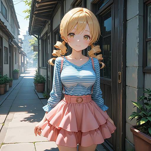 Anime Girl in Blue Striped Shirt and Pink Skirt Outdoors