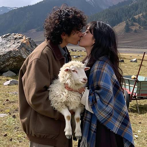Mountainous Outdoor Kiss with Sheep