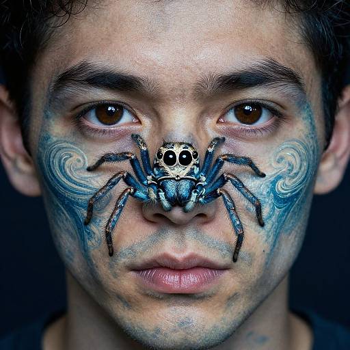 Photograph of a young man with dark curly hair, brown eyes, and blue spider face paint on his forehead, cheeks, and nose, against a