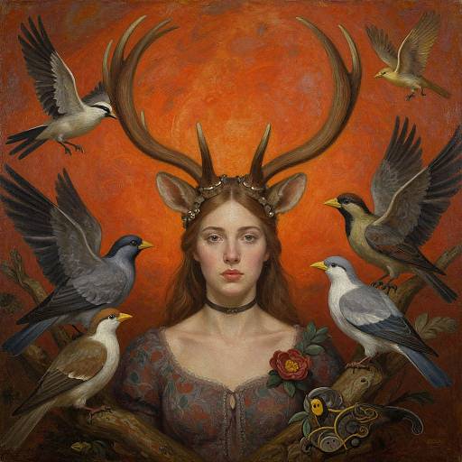 Digital painting of a woman with deer antlers, wearing a floral dress, surrounded by five birds against a fiery red background.