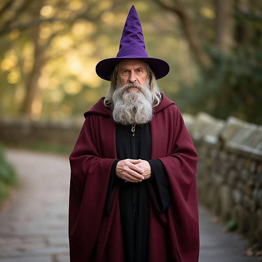 Photograph of an elderly, white-bearded man in a purple witch hat and maroon cloak, standing on a blurred forest path.
