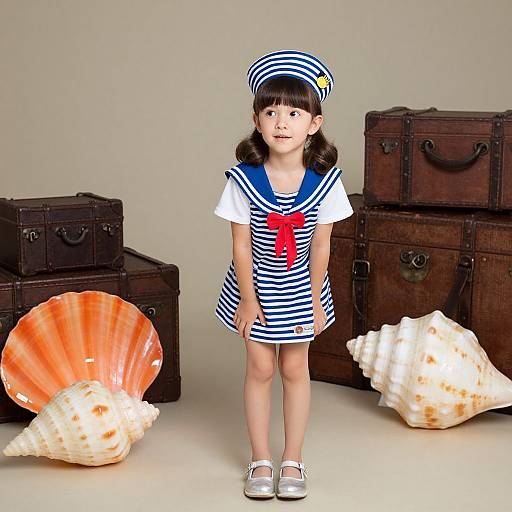 Photograph of a young girl in a sailor dress, striped hat, and white shoes, standing between large seashells and vintage trunks.