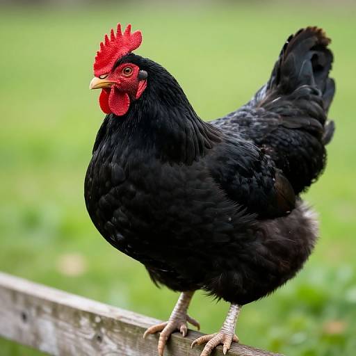 Photograph of a black rooster with a bright red comb and wattles, standing on a wooden fence against a blurred green grassy background.