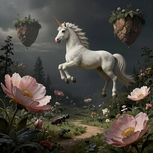 Digital fantasy artwork: White unicorn with a golden horn leaps in a moonlit, dark forest clearing, surrounded by pink flowers and floating rock gardens.