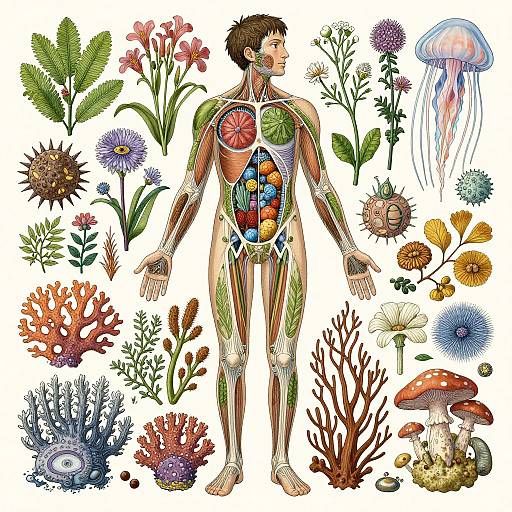 Anatomic Human with Diverse Flora and Fauna
