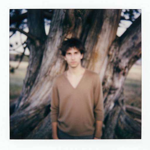 Blurry photograph of a young man with dark, curly hair, wearing a brown V-neck sweater, standing in front of a large, textured tree trunk