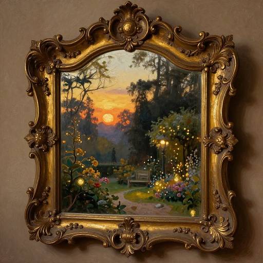 Ornate gold-framed painting of a sunset garden with glowing lanterns, colorful flowers, and a bench, capturing serene twilight beauty.
