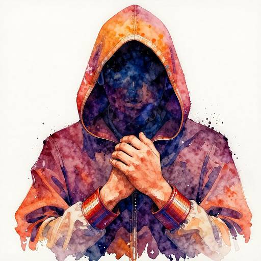 Vibrant Hooded Figure Watercolor Art
