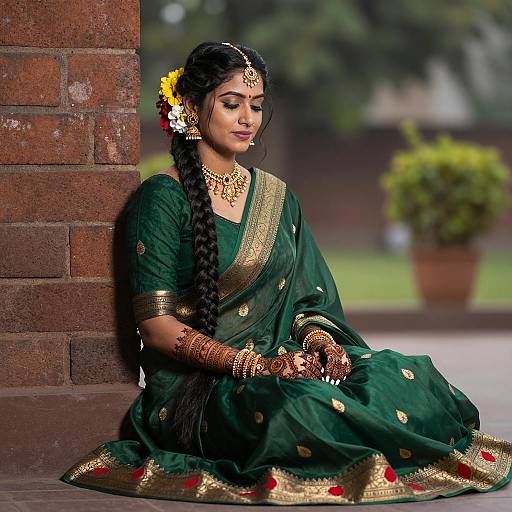 Indian Woman in Green Saree with Traditional Jewelry
