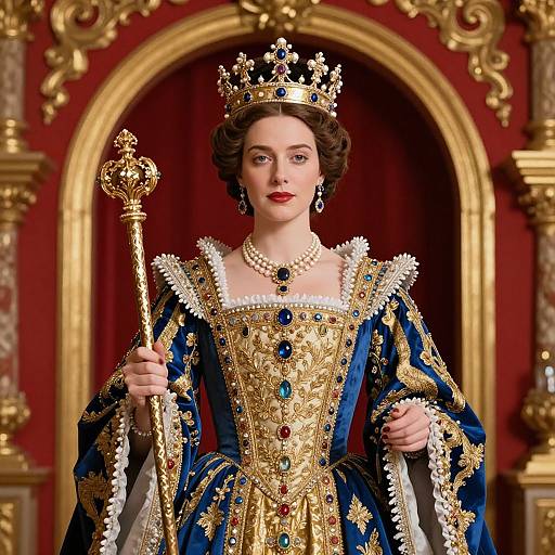 Photorealistic digital artwork of a regal woman with pale skin, brown wavy hair, wearing an ornate blue and gold royal gown, crown