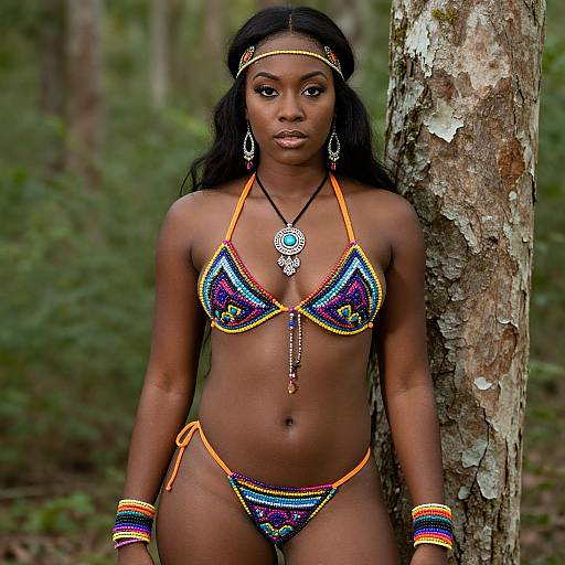 Vibrant Beaded Bikini Woman in Forest