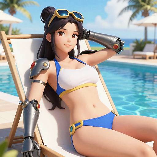 Anime Mechgirl Sunbathing by Pool