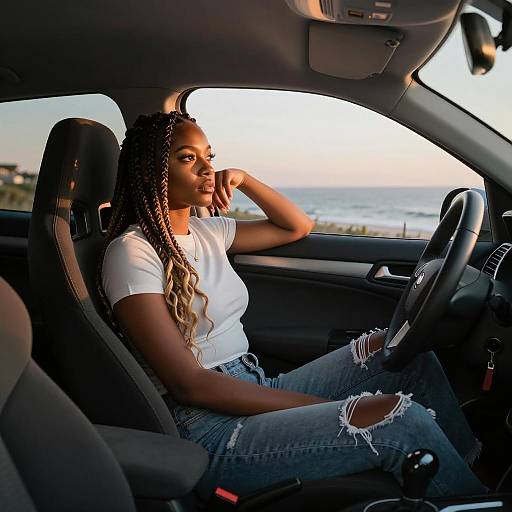 Stylish Woman in Scenic Car Sunset