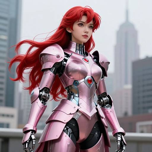 Digital artwork of a red-haired woman in futuristic pink armor with metallic accents, standing in a cityscape background. Her expression is confident, with long hair
