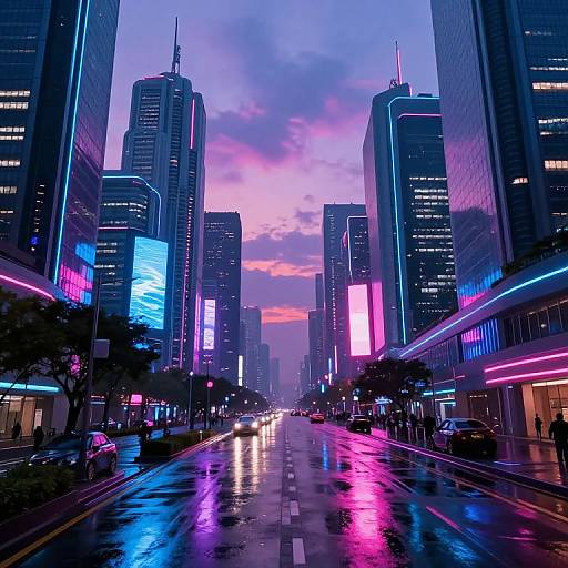 Neon-lit, rain-soaked urban street at dusk, featuring towering skyscrapers with vibrant blue, pink, and purple lights reflecting on wet