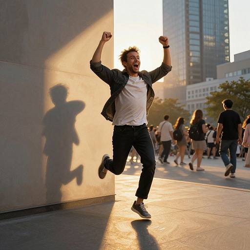 Photograph of a bearded man with curly hair, wearing a white t-shirt, gray jacket, and jeans, joyfully jumping with fists raised,