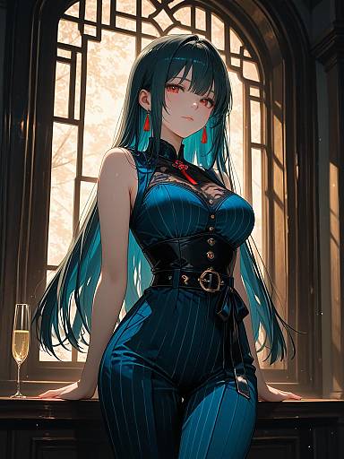 Anime Woman in Midnight Blue Pinstripe Jumpsuit