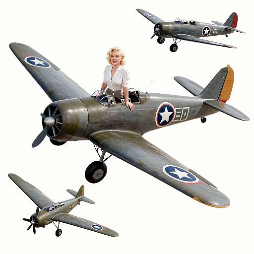 Photograph of a smiling blonde woman in a white blouse sitting in a WWII-era military aircraft, surrounded by three flying planes.