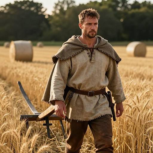 Photograph of a muscular, bearded man in medieval attire with brown cloak and tunic, standing in a sunlit wheat field with hay bales