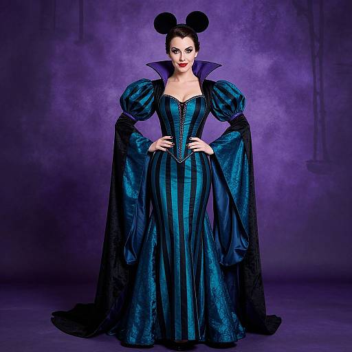 Photograph of a fair-skinned woman with black hair in buns, wearing a dark blue, striped, puffed-sleeve Renaissance gown,