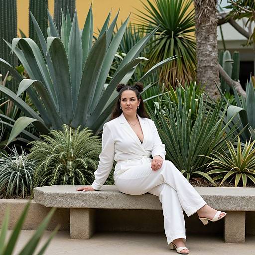 Photograph of a confident woman in a white pantsuit, sitting on a concrete bench amidst tall, green succulents and palm tree. Yellow wall