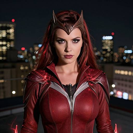 Photograph of a red-haired woman in a red, armored superhero costume with black headpiece, standing against a city skyline at night.