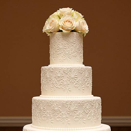 Photograph of a three-tiered white wedding cake with intricate floral embossing, topped with a bouquet of cream-colored roses, against a brown background