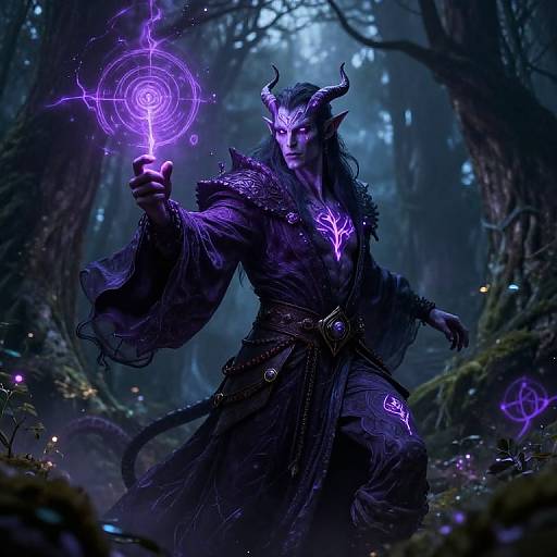 Digital fantasy artwork of a dark horned figure with glowing purple magic, casting a spell in a mystical forest.