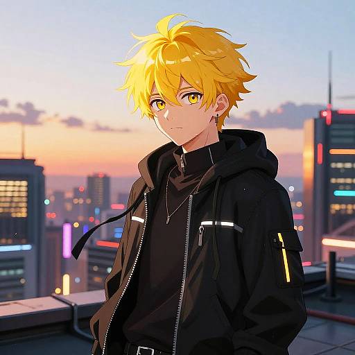 Anime-style digital artwork of a blond, yellow-eyed boy in a black hoodie, standing on a rooftop at sunset, cityscape background.