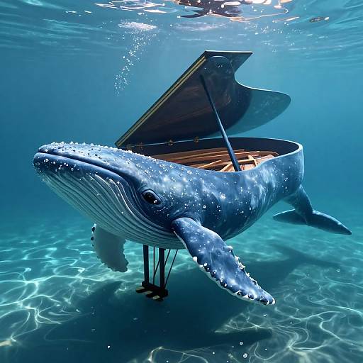 Photorealistic digital artwork of a blue whale with water droplets, floating underwater, carrying an open grand piano with wooden interior. Sunlight filters through