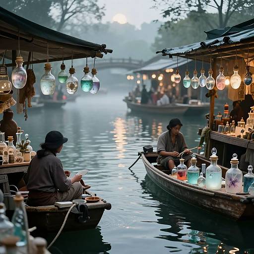 Photograph of a misty evening floating market with two wooden boats, vendors selling glowing glass bottles, and soft lanterns, surrounded by foggy water