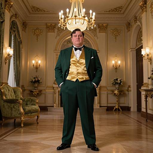 Photograph of a man in a black tuxedo with gold vest, standing confidently in an opulent, ornate ballroom with a grand ch