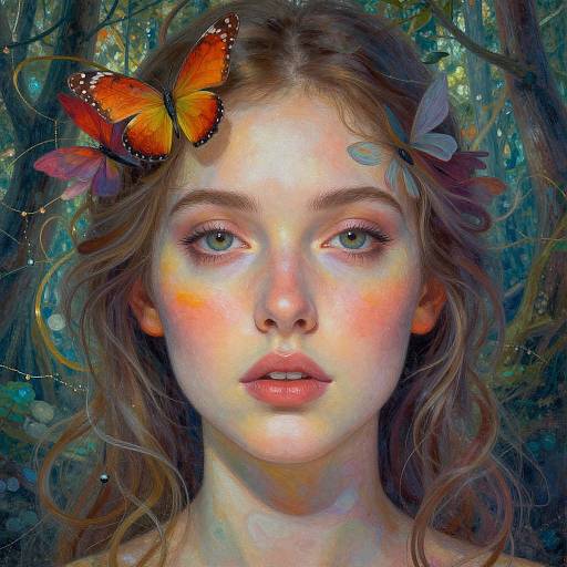 Digital painting of a fair-skinned, blue-eyed young woman with wavy brown hair, adorned with orange and blue butterflies, set against a forest background