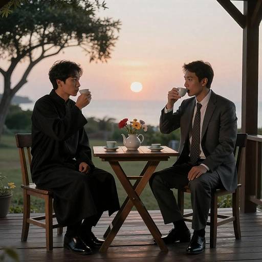 Evening Conversation on a Wooden Porch