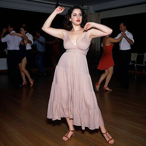 Photograph of a curvy woman with pale skin and dark hair, wearing a pale pink, V-neck, flowing dress, dancing in a dimly