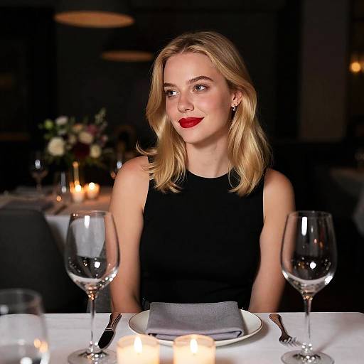 Elegant Woman Dining in Dim Light